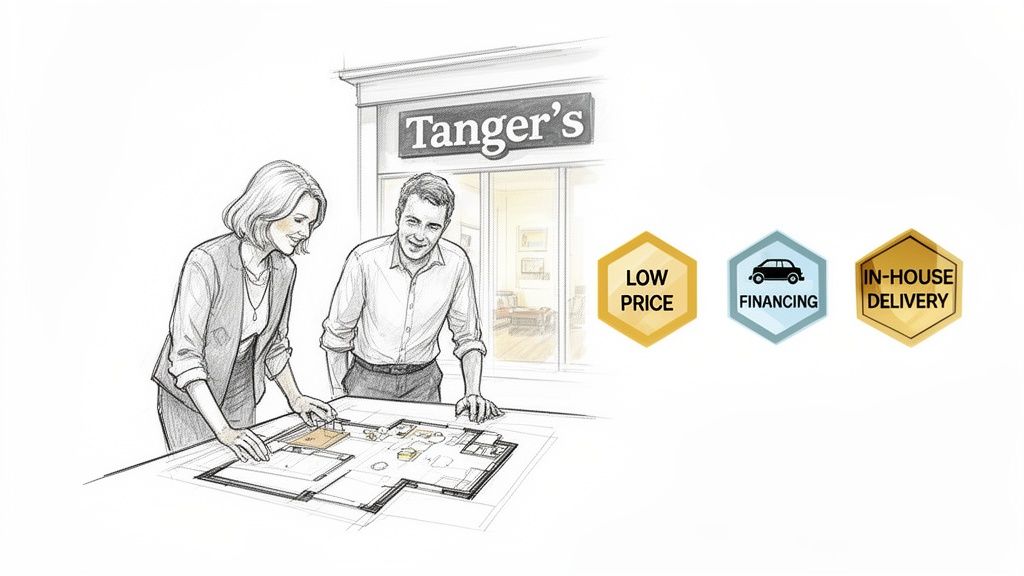 An illustration of two people discussing a home floor plan at a Tanger's store, with service icons.