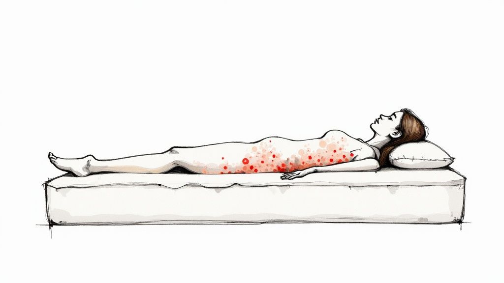 Illustration of a person lying on a mattress with a red skin rash, indicating discomfort.