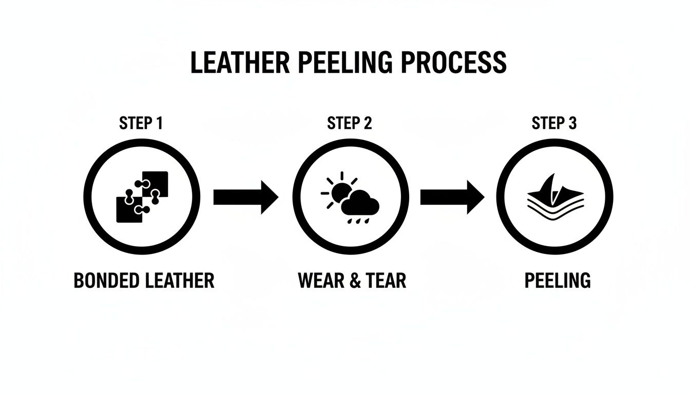 A diagram illustrating the leather peeling process: bonded leather, wear and tear, leading to peeling.