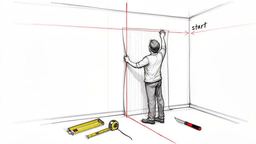 A person hangs wallpaper on a wall, using a laser guide and measuring tools like a tape measure and ruler.
