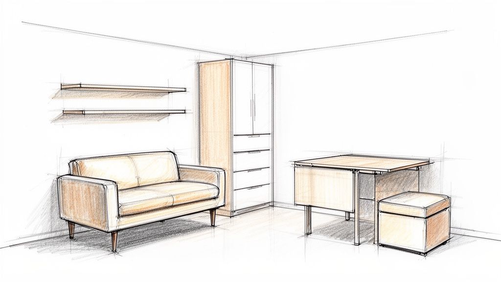 Hand-drawn sketch of a small room with a sofa, shelves, cabinet, and a compact desk.