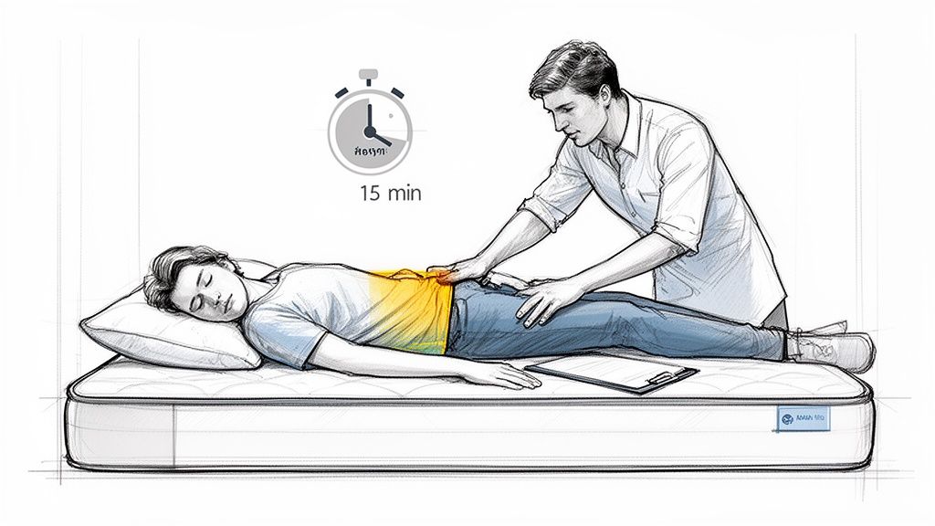 A medical professional gently massages a patient's lower back on a mattress for 15 minutes, treating highlighted pain.