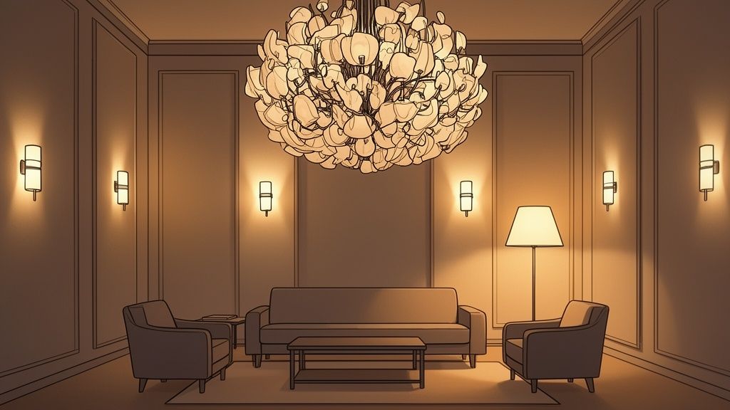 A line drawing of a warmly lit room with a chandelier, wall sconces, a floor lamp, a sofa, and armchairs.