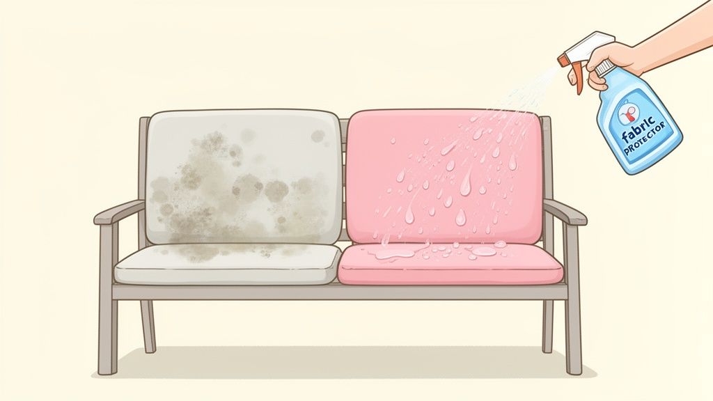 An outdoor bench with one cushion stained by mold and another being sprayed with fabric protector.