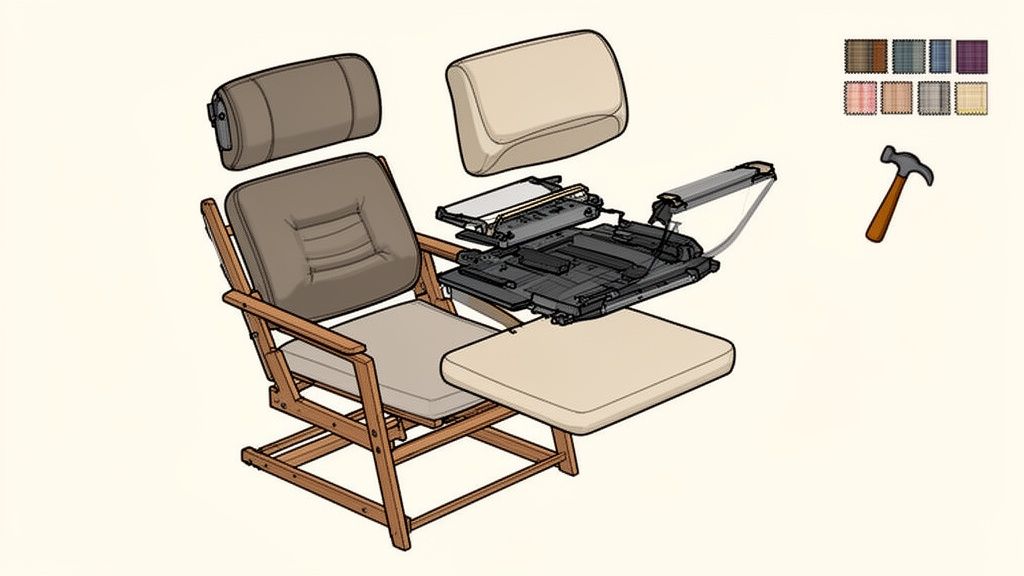 Exploded view of a wooden reclining chair with cushions, mechanism, and fabric samples.