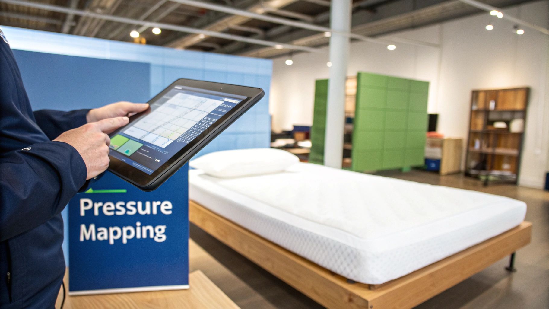 Hands operate a tablet displaying pressure mapping information beside a white mattress.
