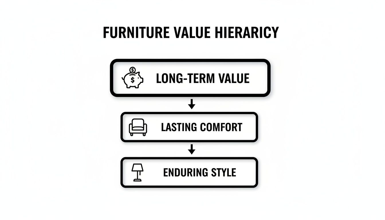 A diagram illustrating the Furniture Value Hierarchy: Long-Term Value, Lasting Comfort, and Enduring Style.