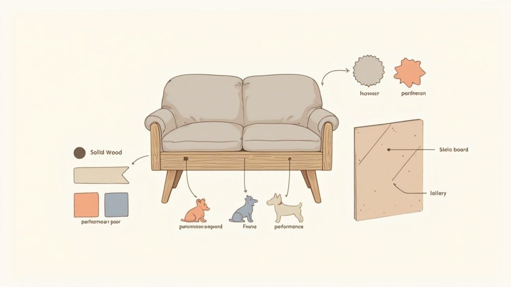 A detailed diagram illustrating the components of a sofa with material names and color options.