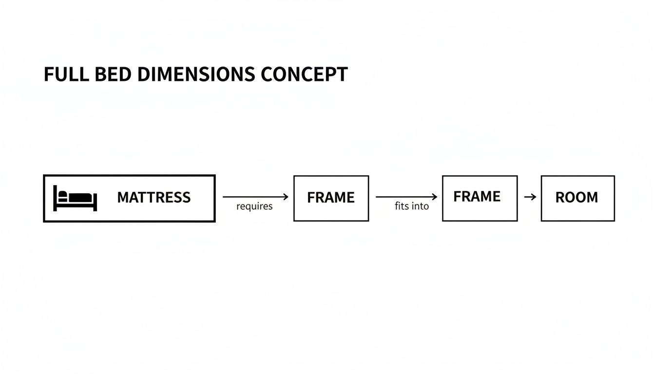 Flowchart illustrating how a mattress requires a bed frame, which fits into a room, for full bed dimensions.