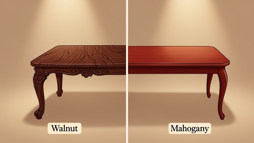 Side-by-side comparison of two elegant wooden tables, one dark walnut and one smooth reddish mahogany.