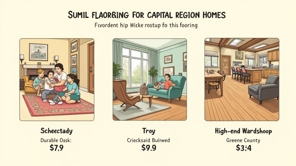 Advertisement showcasing three different home interiors with various flooring options, including carpet and hardwood, along with prices.