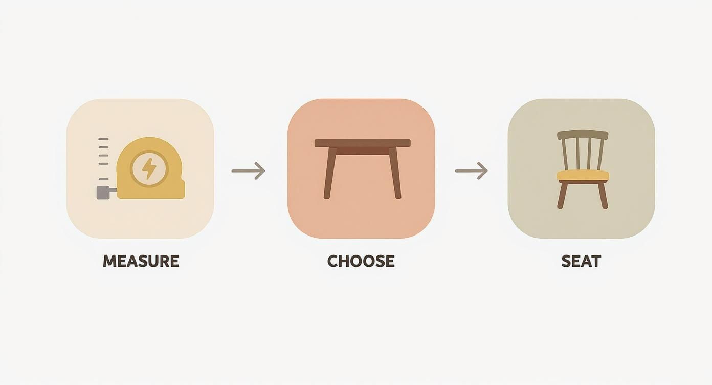 Three-step infographic showing measure, choose, and seat process for selecting dining furniture with icons