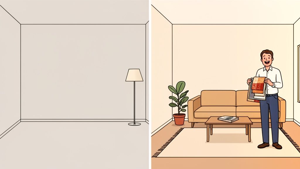 Illustration showing an empty room next to a decorated room with a man holding fabric samples.