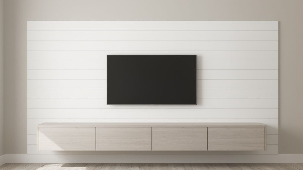 A modern living room with a wall-mounted TV above a floating light wood media console.