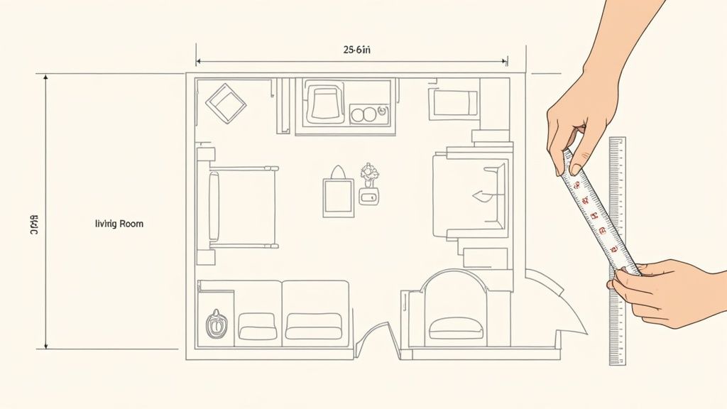 A top-down floor plan displaying a living room layout with furniture, a bathroom, and dimensions, with hands holding rulers to measure.