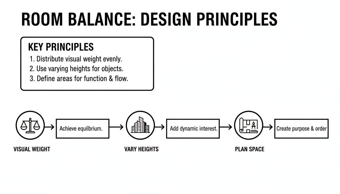 A diagram outlining room balance design principles, including visual weight, varying heights, and planning space.