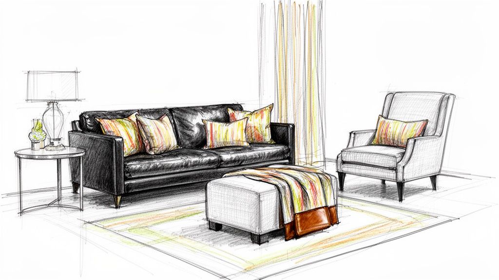 A vibrant interior design sketch featuring a black leather sofa and a fabric armchair with colorful accents.