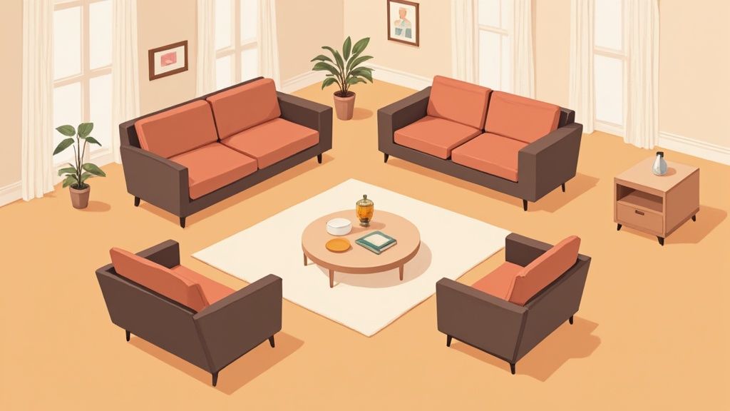An overhead view of a modern family room featuring two sofas, two armchairs, and a round coffee table on a rug.