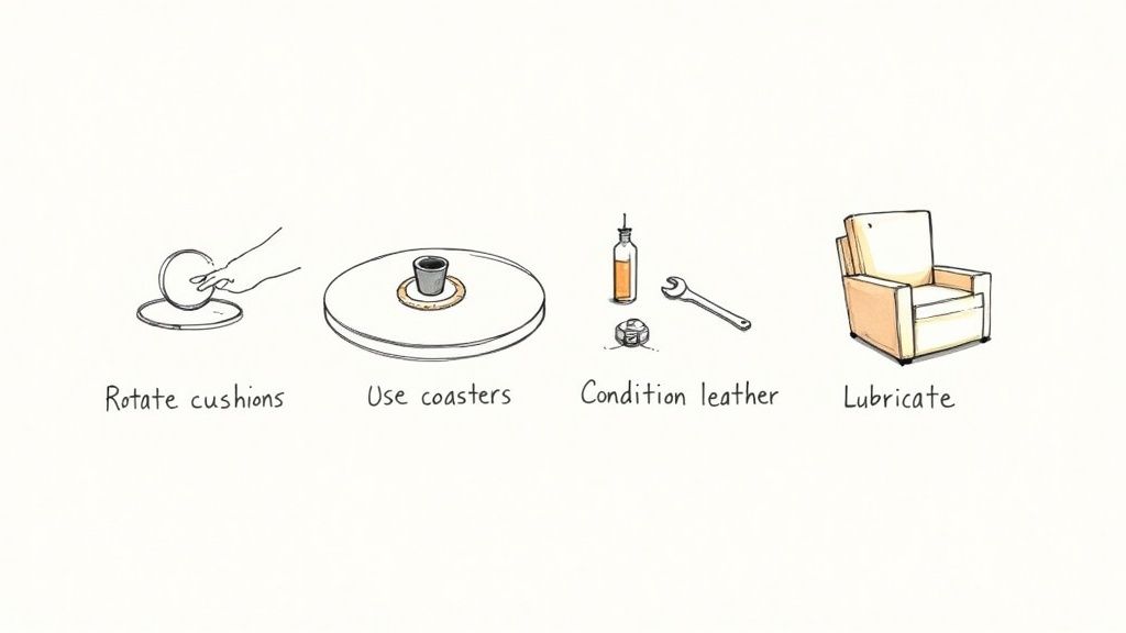 Four illustrations demonstrating furniture care tips: rotating cushions, using coasters, conditioning leather, and lubricating a recliner.