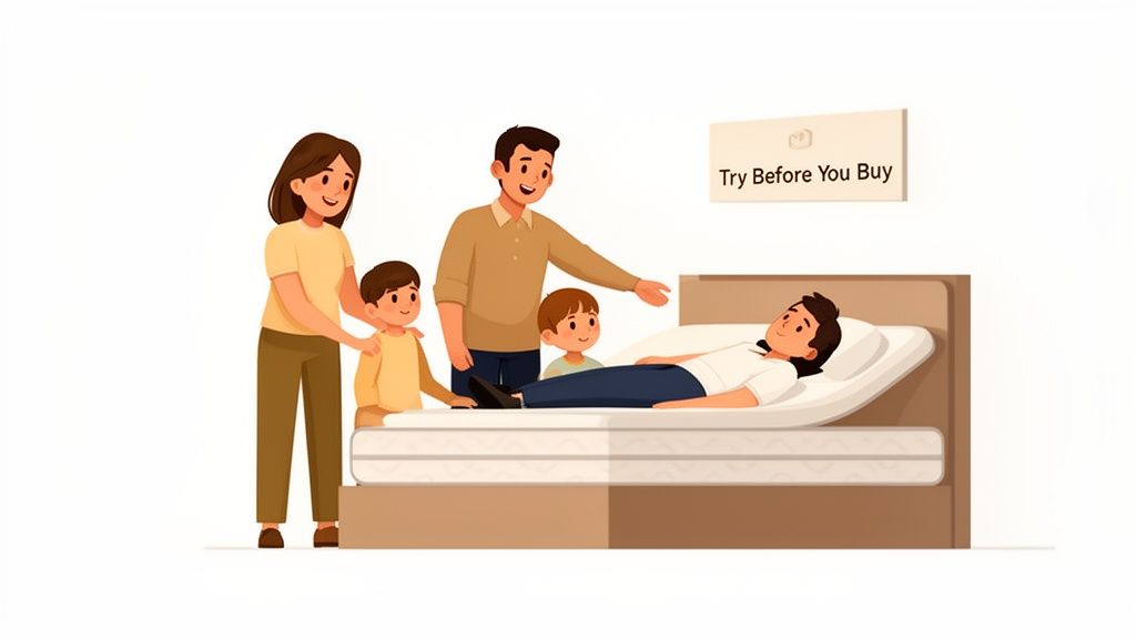 Family watches a man try an adjustable mattress, emphasizing 'Try Before You Buy' message.