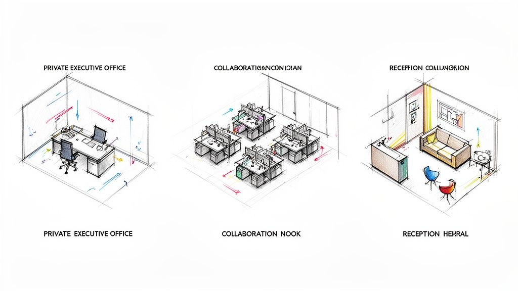 Three detailed isometric sketches showing diverse office layouts: a private executive office, a collaboration nook, and a reception area.