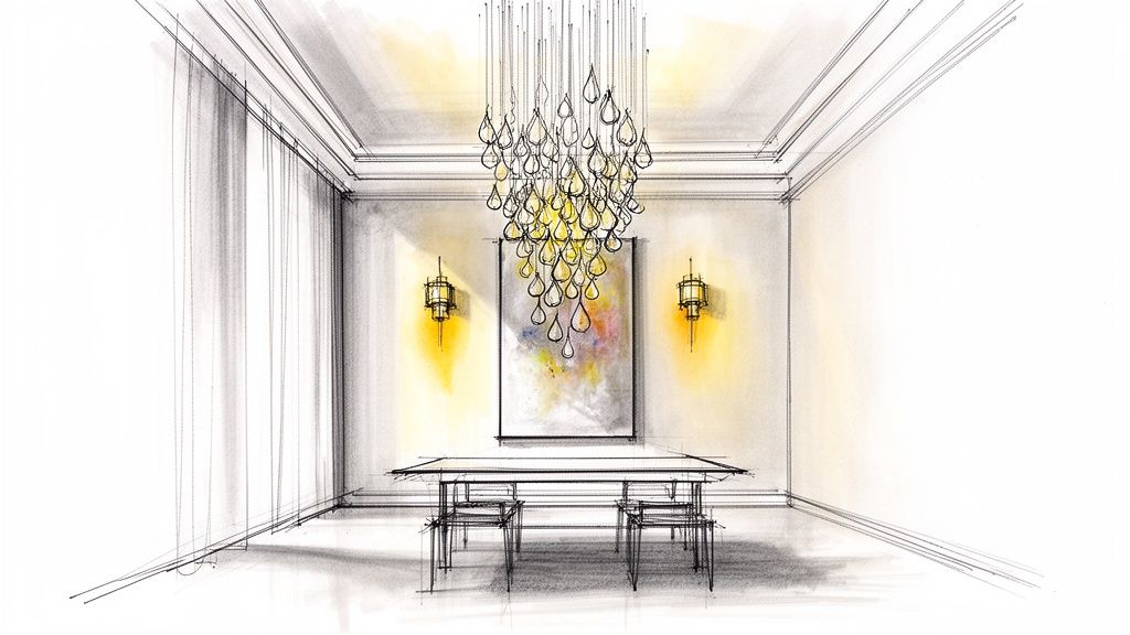 Elegant sketch of a modern dining room featuring a large teardrop chandelier, wall sconces, a painting, and a long dining table.