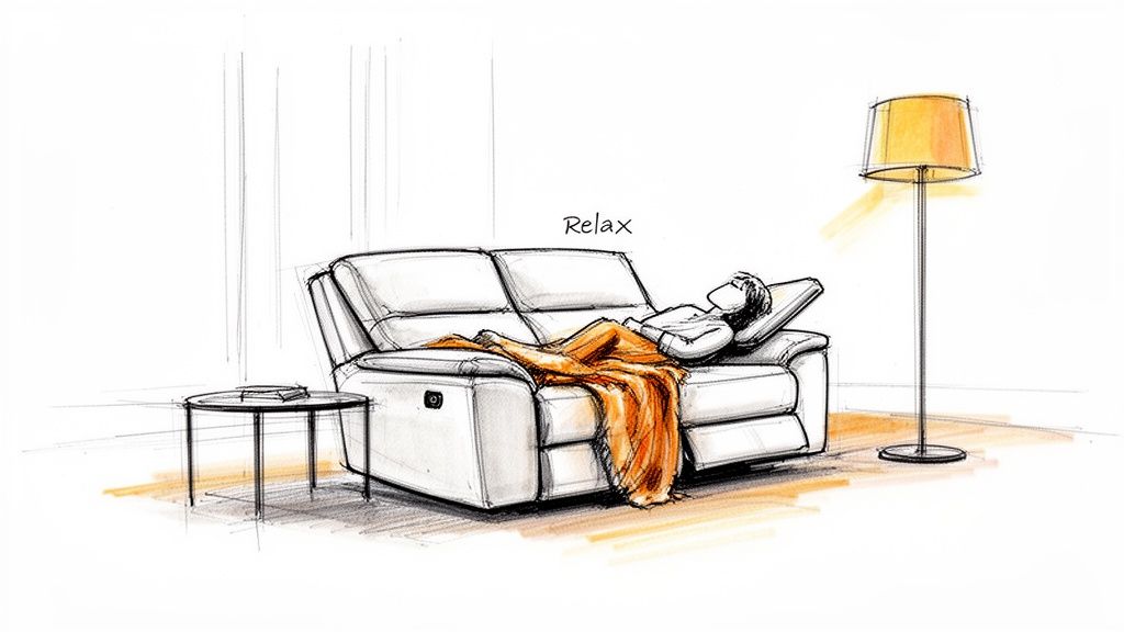 Sketch of a person relaxing on a power reclining loveseat with a blanket and a floor lamp.