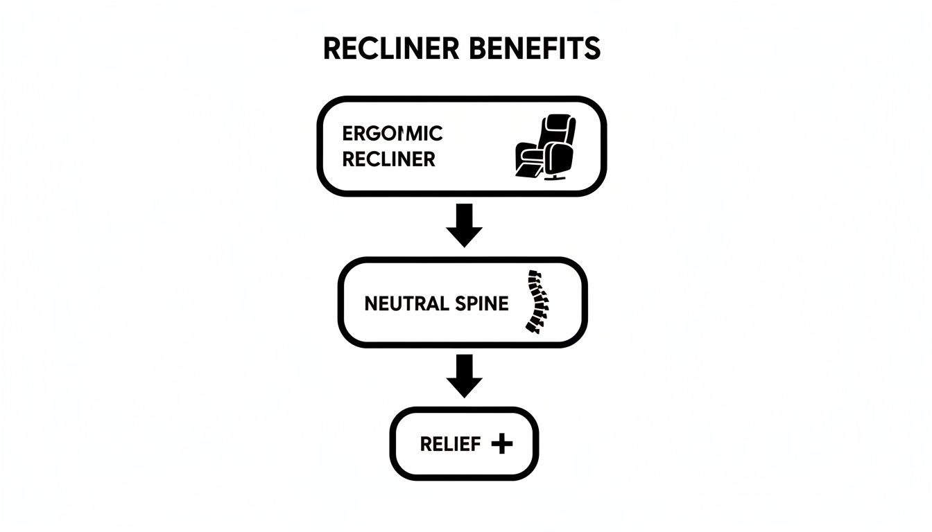 Flowchart illustrating recliner benefits: an ergonomic recliner promotes a neutral spine, leading to relief.