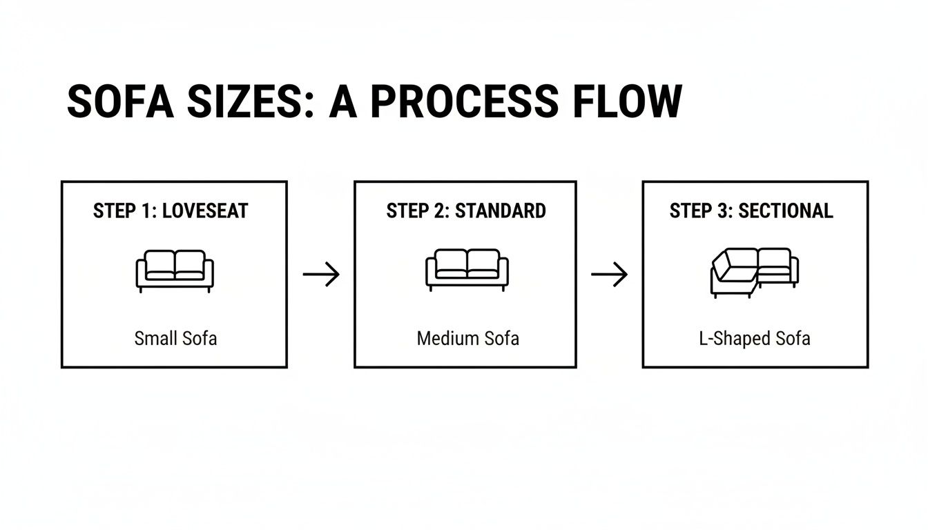 A flowchart illustrating sofa sizes: Loveseat (small), Standard (medium), and Sectional (L-shaped) sofas.