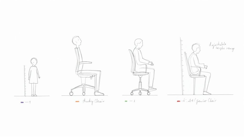 Line drawings illustrating various chair types and adjustable height ranges suitable for a child and adults.