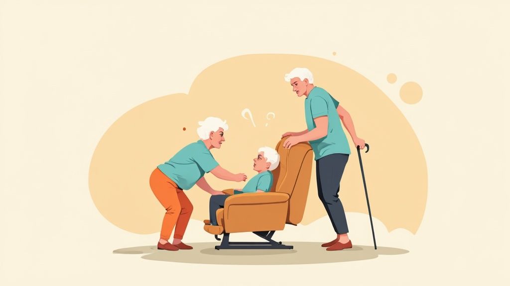 Elderly couple caring for another senior in a recliner chair, possibly due to back pain.