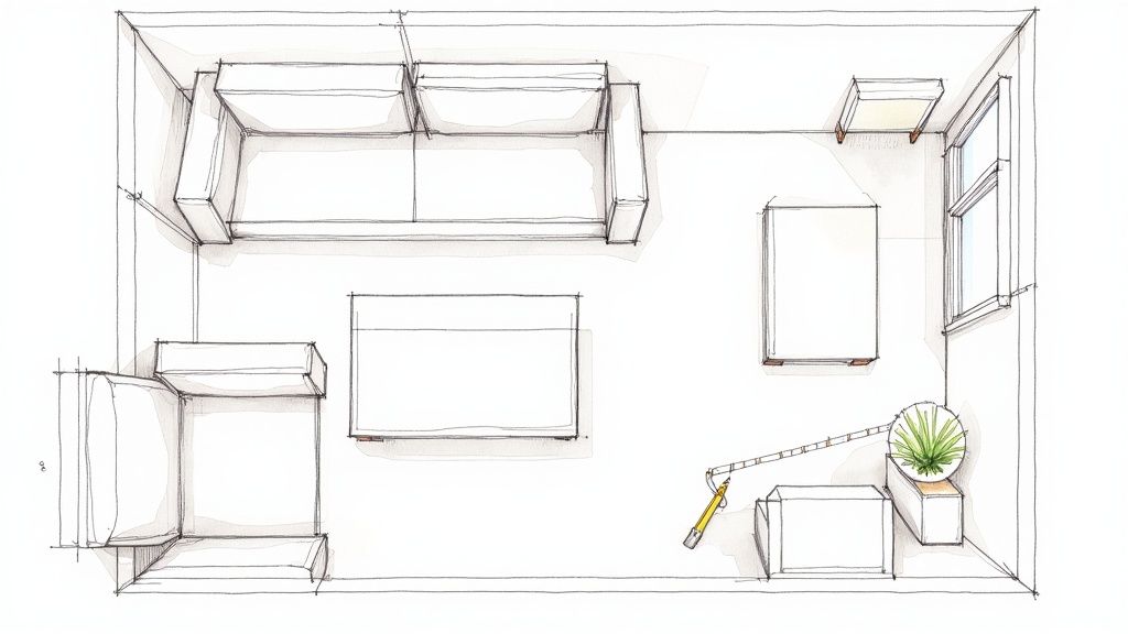 Top view floor plan sketch showing living room furniture layout with sofa, beds, and seating arrangement