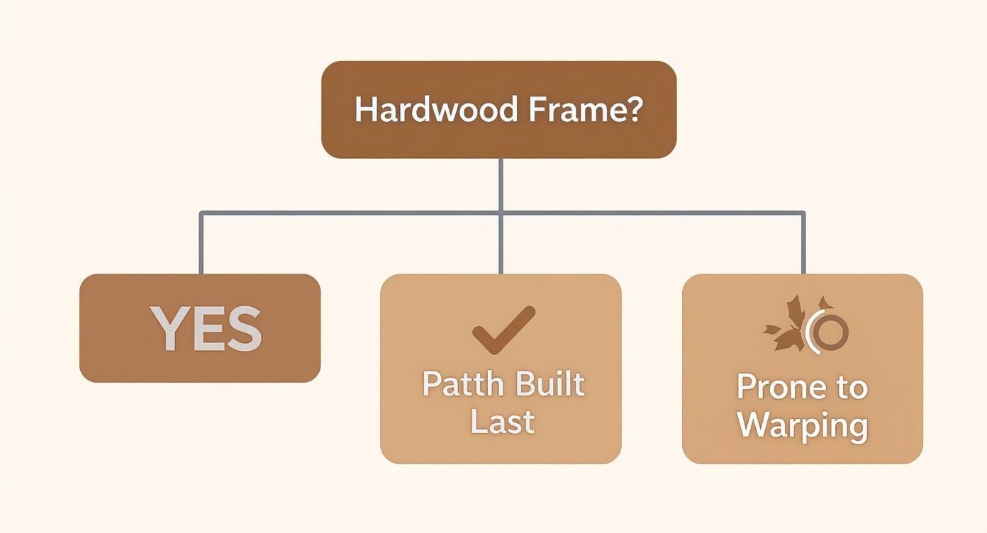 Decision flowchart showing hardwood frame furniture benefits with durability and quality construction highlights