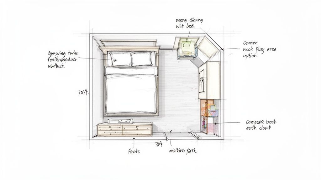 Top-down sketch of a bedroom layout featuring a twin bed, play nook, dresser, and storage.