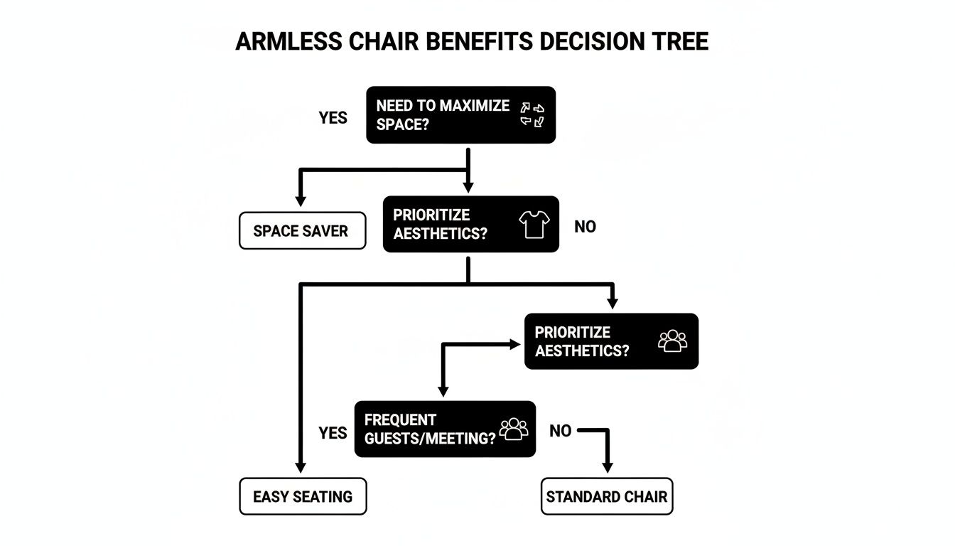 Decision tree diagram outlining benefits and factors for choosing armless chairs, including space-saving and aesthetics.