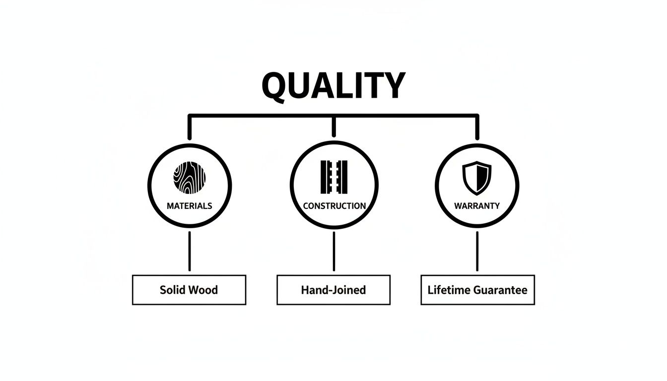 Diagram showing quality attributes: solid wood materials, hand-joined construction, and lifetime guarantee warranty.