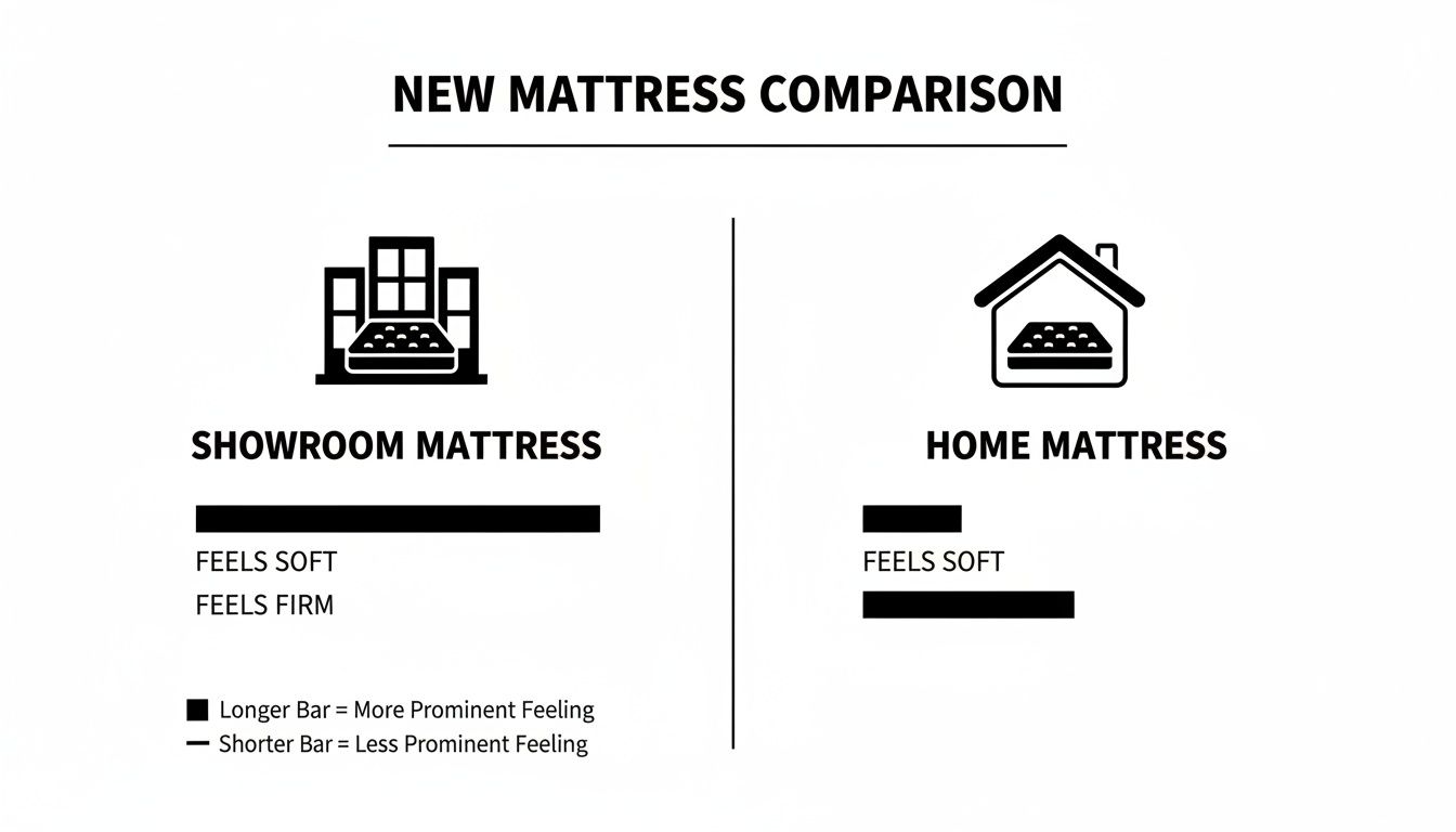 Comparison chart showing how mattresses feel soft and firm in a showroom versus at home.