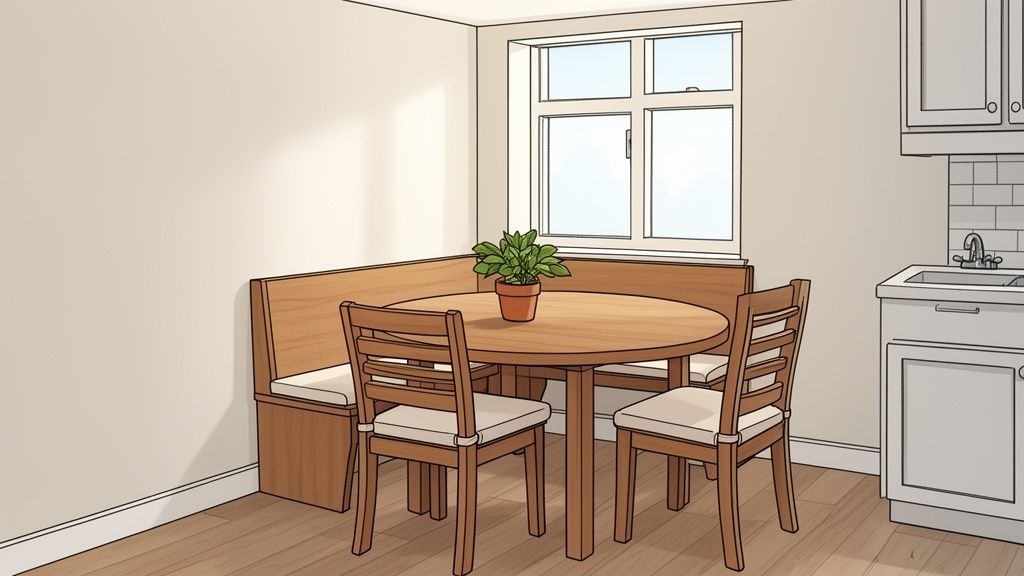 A cozy dining nook with a round wooden table, corner bench, two chairs, and a potted plant.