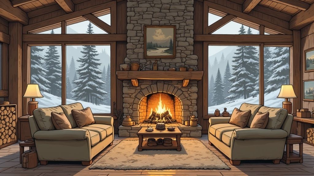 Cozy log cabin interior with a lit fireplace, two comfortable sofas, and snowy forest views.