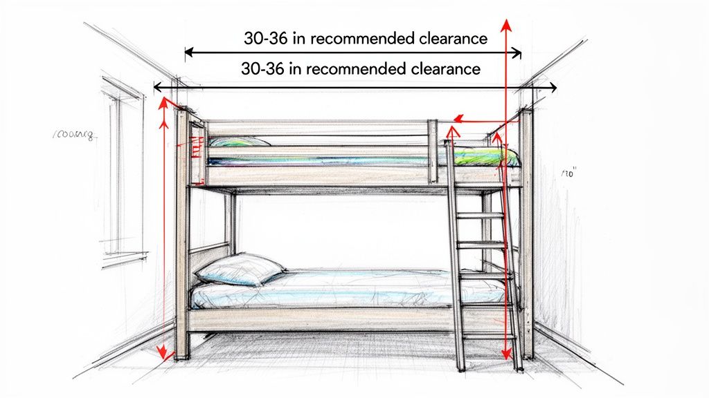Illustration showing a bunk bed design with recommended clearances above and beside the top bunk.