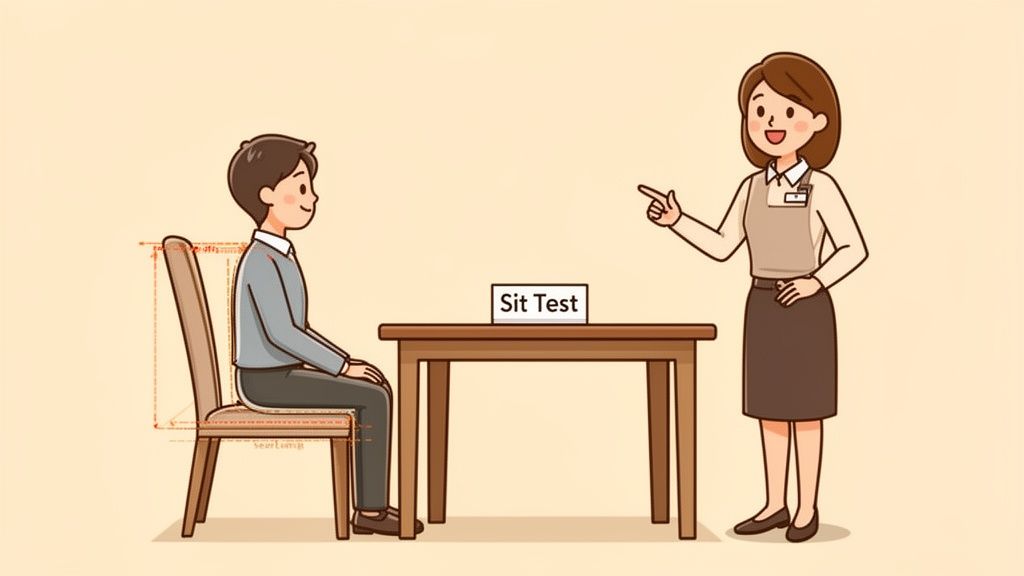 A cartoon man sits in a chair taking a 'Sit Test' while a woman points and instructs.