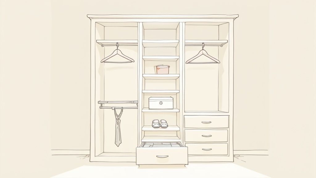 Organized wardrobe closet system with hanging rods, shelves, and drawers for efficient storage