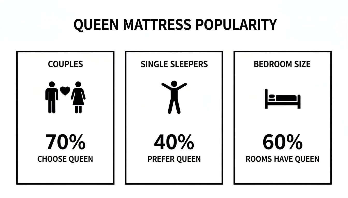 Infographic detailing queen mattress popularity among couples, single sleepers, and in bedrooms.