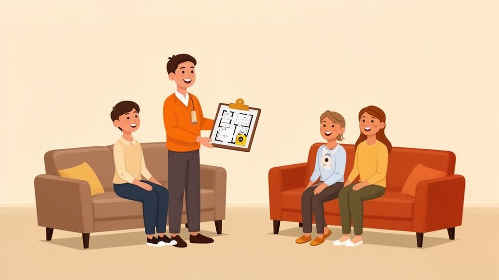 A real estate agent shows a floor plan on a clipboard to a family sitting on two sofas.