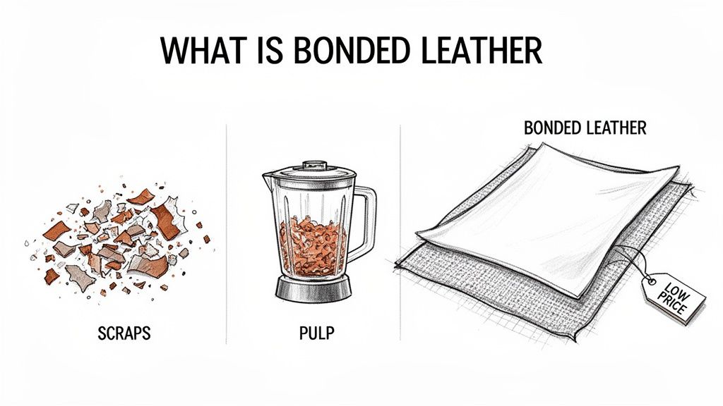 Illustrative diagram explaining bonded leather production: from scraps to pulp to low-price finished sheets.