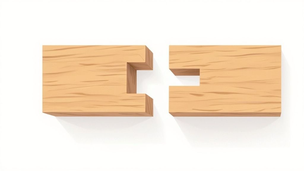 Two wooden pieces designed to interlock, illustrating a classic mortise and tenon joint connection.