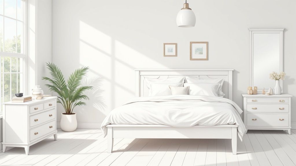 White farmhouse bedroom with large windows and neutral decor.