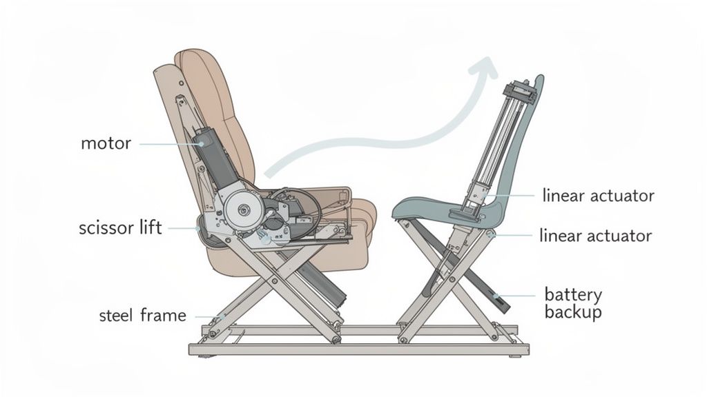 Detailed diagram illustrating the internal components of a lift chair, including motor, scissor lift, and linear actuators.