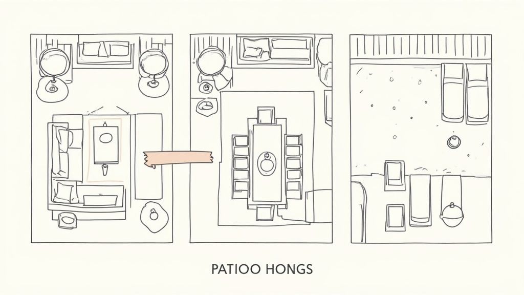 A well-designed patio with distinct zones for dining and conversation.