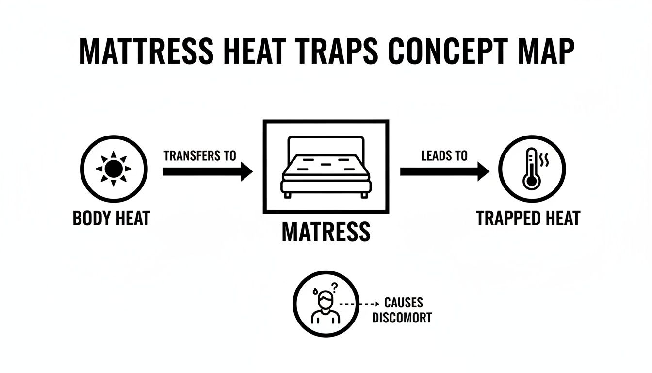 Concept map illustrating how body heat transfers to a mattress, creating trapped heat and discomfort.